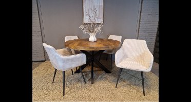 Combideal eetkamerset: ronde eettafel Mangohout 120 cm met 4 Kreta eetkamerstoelen met armleuning - ribstof Wit