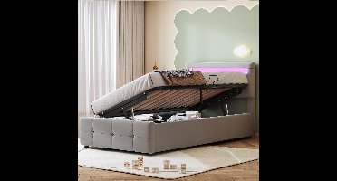 Eenpersoonsbed met Opbergruimte 90x200 cm – Gestoffeerd Bed met Bedlade & Verstelbaar Hoofdeinde – Luxe Fluwelen Opbergbed met Hydraulisch Systeem – Comfortabel Tienerbed / Logeerbed – Grijs – Medahomestore