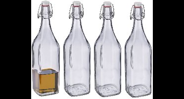 Westmark Beugelfles / Weckfles - 4x - transparant glas - luchtdicht - 1 liter - waterfles - vierkant - 8 x 32 cm