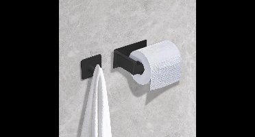Toiletpapierhouder - met 4 handdoekhaken - zelfklevend - zonder boren - roestvrij staal - 14L x 5B centimeter - Zwart