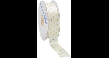 Satijnlint Ivoor Goudkleurige Sterretjes - 15 mm / 25 mtr.