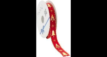 Kerstlint Satijn 'Christmas Tree' – Rood met Gouden Kerstbomen – Geweven Rand – 15mm x 20m