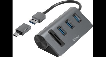 Hama USB 3.2 Gen 1-hub 5 poorten Met ingebouwde SD-kaartlezer, Met USB-C stekker Grijs