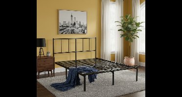 Oslo Luxe Bedframe 140x200 cm – Modern Industrieel Stalen Bed met Hoofdbord – Stevig Bedframe met Lattenbodem – 35 cm Opbergruimte Onder Bed – Eenvoudig te Monteren – Geen Boxspring Nodig – Zwart – Medahomestore