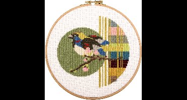 Pako Borduurpakket met telpatroon - vogel met figuren - 212.375 - voorgesorteerd garen - Aida - 20 cm Rond - DIY kit
