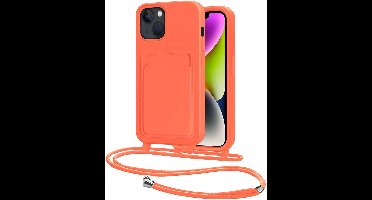 Hoes Geschikt voor iPhone 14 Hoesje Pasjeshouder Cover Met Koord Case Siliconen Hoes Met Telefoonkoord en Kaarthouder - Papaya