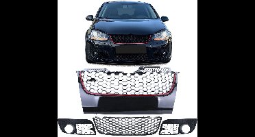 Honingraat Grille + Bumper Grille set 3 delig Geschikt Voor VW Golf 5 GTI Bumper (2003-2009) Zwart Glanzend met Rode Strip | Perfecte Pasvorm