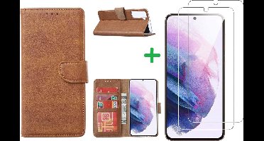 Hoesje Geschikt Voor Samsung Galaxy S21 hoesje bookcase Bruin - Hoesje Geschikt Voor Samsung Galaxy s21 hoesje bookcase wallet case portemonnee book case hoes cover hoesjes met 2 stuks Screenprotector