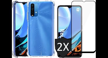 Hoesje geschikt voor Xiaomi RedMi 9T en Screenprotector - Transparant Shock Proof Case + 2x Screen Protector Glas Full