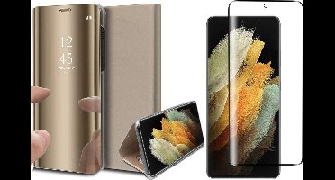 Hoesje geschikt voor Samsung Galaxy S21 Ultra - Screen Protector GlassGuard - Book Case Spiegel Goud & Screenprotector