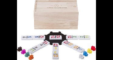 Domino Dubbel 12 Nummers Mexican Train – 91 Stenen met Gekleurde Nummers – Houten Kist met Schuifdeksel – Inclusief Station & Treinen – Strategisch Familiespel – Engelhart Games