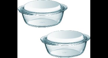 Pyrex Ovenschaal - 2x - 1,3 liter - braadslede - rond met deksel - glas - 21 x 18 x 10 cm