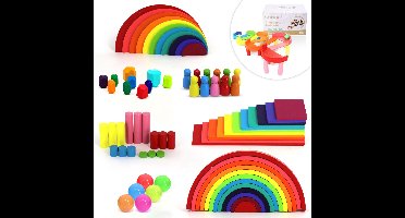 EverGoods XL Regenboog Speelgoed - Montessori Speelgoed- Educatief Speelgoed - Sensorisch Speelgoed - Houten Blokken - Stapelstenen - Incl. Opbergzakje