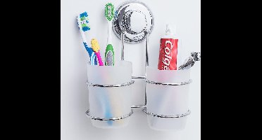 Dubbele Hangende Tandenborstelhouder Met Zuignap - Tandpasta & Tandenborstelbeker Houder - Tandenborstel Glashouder - Wandmontage Zonder Boren - RVS/Glas