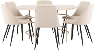 Copenhagen eethoek tafel Ø140cm en 6 stoelen whitewash, beige.