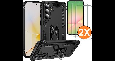Hoesje Geschikt voor Samsung Galaxy A57 4G / 5G Hoesje Zwart Anti-Shock Hybrid Armor hoesje Met Draaibare Ring Houder - Samsung A57 Screenprotector 2 pack