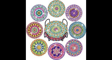 Diamant Schilderen Onderzetters Set – 8 Stuks Mandala DIY Onderzetters met Standaard – Houten Kork Basis – Creatief Knutselpakket voor Kinderen & Volwassenen