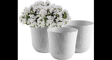 Bloempot/plantenpot - 3x - wit - kunststof - D32 cm - gevlochten mand look - binnen/buiten gebruik