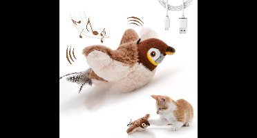 Vliegende vogel-kattenspeeltje, met nagebootste vogelgeluiden en vleugels die bij aanraking bewegen – interactief pluche speeltje speciaal voor binnenkatten, met kattenkruid, voor zelfstandig spelen (mus-uitvoering)