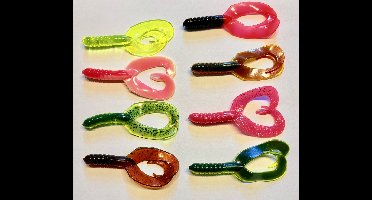 8x Dubbele twister 7,5cm - 3 inch assortiment B in diverse kleuren uit Amerika - Roofvissen - Snoek - Baars - Snoekbaars - Kunstaas - Kunstaasset