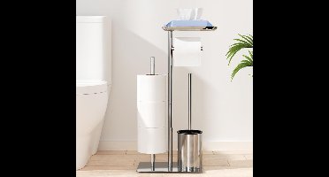 Core® Toiletbutler - Toiletrolhouder - Multifunctionele Toiletbutlet - WC-Borstel - met Plank - Zilver - 57cm x 26cm x 3cm