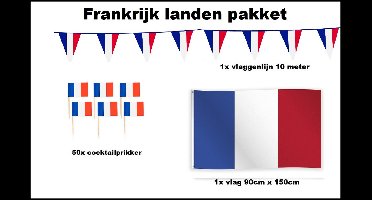 Frankrijk versiering pakket - Vlag Frankrijk 150cmx90cm (1x) - Cocktailprikkers Frankrijk (50x) - Vlaggenlijn Frankrijk 1000cm(1x) - WK voetbal festival evenement party decoratie