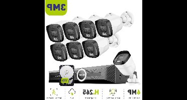 Complete 8-Kanaals IP Beveiligingsset – Beveiligingssysteem – Camerasysteem – CCTV Set – 3MP Camera’s – Nachtzicht Tot 30 Meter – PoE Recorder - Ingebouwde HDD: Geen