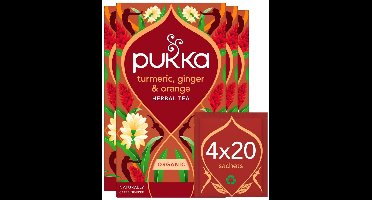 Pukka Tea Turmeric, Ginger & Orange - 80 Theezakjes - Biologische Kruidenthee - Kurkuma & Gember - 4 x 20 zakjes - Thee Voordeelverpakking