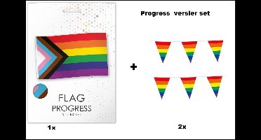 Vlag LGBT 90cm x 150cm + 2x Regenboog vlaggenlijn - Progress versierset - Rainbow thema feest Party versiering