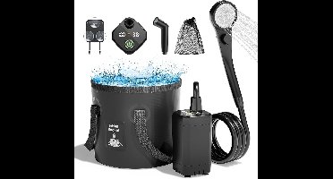 Draagbare Campingdouche – Complete Set met 6000 mAh Oplaadbare Power Zuigpomp, Smart Display, Multi‑Mode Sproeikop & 20 L Opvouwbare Emmer – Outdoor, Reizen, Wandelen
