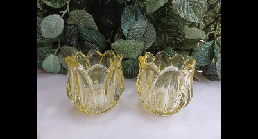 Set van 2 theelichtjes tulp geel Ø7cmx6.5cmH - Glas - transparant - Lente - Zomer - Pasen