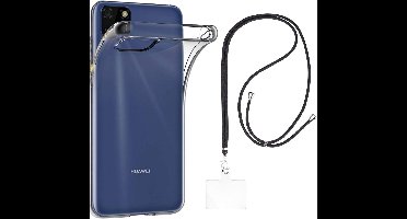 Set met hoesje en nekband voor huawei y5p - Flexibele, transparante TPU-bescherming, verstelbare universele nekband voor mobiele telefoons, zwarte nekband, transparante draagriem van Phonillico®