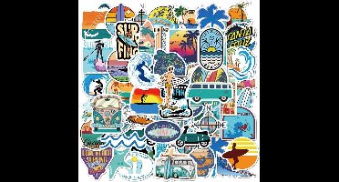 50 Waterdichte Vinyl Stickers met Surf en Watersport Motieven voor Flessen, Laptops en Skateboards
