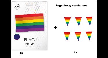 1x Regenboog vlag 90cm x 150cm + 2x Regenboog vlaggenlijn - Regenboog versierset - Rainbow thema feest Pride