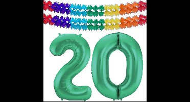 Folat Verjaardag Leeftijd folieballon - 20 jaar - groen - 86 cm - cijferballon groot - incl 2x feestslingers