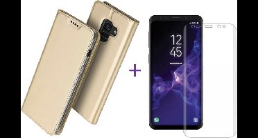 Hoesje geschikt voor Samsung Galaxy S9 Plus - Kunstlederen Wallet Hoesje Goud met Siliconen Houder - Portemonee Hoesje + Glas PET Folie Screen Protector Transparant 0.2mm