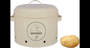 4 authentieke voorraadblikken: uien, knoflook, aardappelen en composter