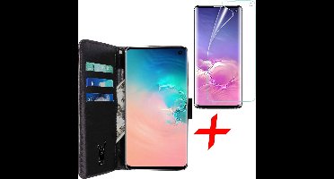 Hoesje geschikt voor Samsung Galaxy S10 - Screen Protector FlexGuard - Book Case Kunstleer Pasjeshouder Zwart & Screenprotector