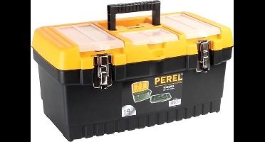 Perel Gereedschapskoffer, polypropyleen, met verwijderbare inlegbak, 3 organizers in het deksel, inklapbaar handvat en metalen sluitingen, zwart/geel, 486 x 267 x 242 mm