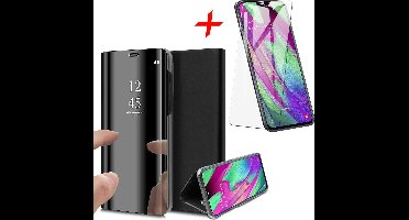 Hoesje geschikt voor Samsung Galaxy A40 - Screen Protector GlassGuard - Book Case Spiegel Zwart & Screenprotector