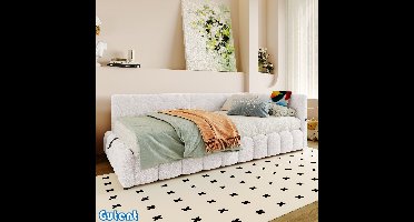 Gutent Slaapbank-90*200 cm-met lattenbodem (matras niet inbegrepen)-met LED-lichtlijst-met hydraulisch hefmechanisme-USB-aansluiting-Type-C-Kunstwol-Wit