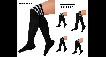 5x Paar kniekousen zwart met witte strepen - maat 36-41 - Lieskousen - cheerleader overknee kousen sportsokken cheerleader carnaval voetbal hockey unisex festival