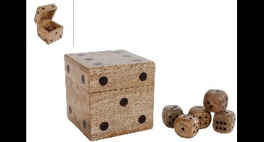 Dobbelsteen opbergdoos hout decoratief met 5 dobbelstenen 9x9x9cm.