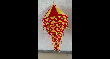 Hand made Traditional Pipli Hanging Cotton Lantern/ Lamp shade with Embroidered Mirror (LARGE) RED & YELLOW