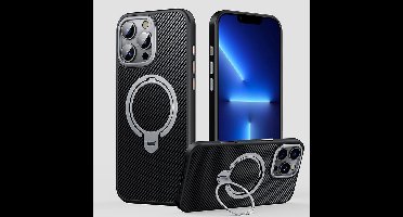 Hoesje geschikt voor iPhone 13 Pro Magsafe hoesje met Carbon uitvoering - 360° Draaibare Magnetische Standaard - Back Cover Kickstand Ring – Zwart