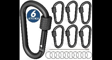 6 Stuks 78mm Karabijnhaken met Schroefsluiting - Sleutelringen - Carabijn Sleutelhangers - Zwarte Musketonhaak - Musketon D-vorm Carabiner met Staaldraad - Grote Karabijn haak - Karabijnsluitingen en ringetjes - Aluminium Carabijnhaak