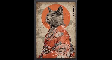 Japanse Kat in Kimono Poster Ingelijst –30x45 cm met Lijst | Kunstzinnige Wanddecoratie in Ukiyo-e Stijl – Voor Woonkamer, Hal of Studio