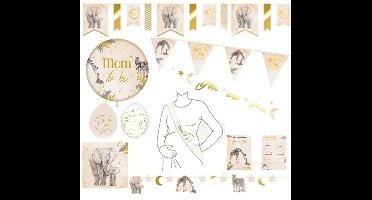 Feestpakket gender - baby - nude baby SAFARI olifant - giraf - zeebra - 9 delig.