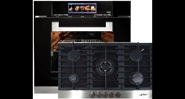 Inbouwoven - Kaiser - EH 6344 - Inbouwoven 60 cm - Zwart glas- 79 l - Air fryer- TFT - automatische braadfunctie + Gaskookplaat - KCG 9386 Turbo - glaskeramische gaskookplaat 86 cm