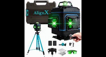 AlignX Kruislaser met Statief - 16 Lijnen 4D - 360° Zelfnivellerend - Groene Laser, 2x Accu, Koffer - Bouwlaser - Kruislijnlaser - Waterpaslaser